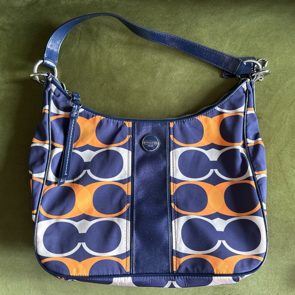 Coach Shoulder Bag Navy, White, Orange Signature C Pattern with wallet - Picture 3 of 15